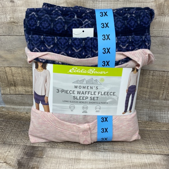 Eddie Bauer Ladies' 3-Piece Waffle Fleece Pajamas Set Color Pink & Blue Size 3X - Picture 8 of 9